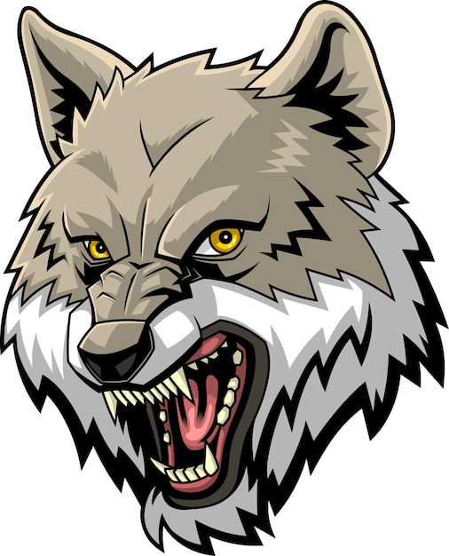 Gray Wolf Mascot Head Roaring With Sharp Teeth