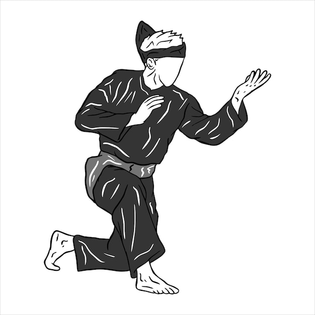 Vettore illustrazione in scala di grigio pencak silat fighter