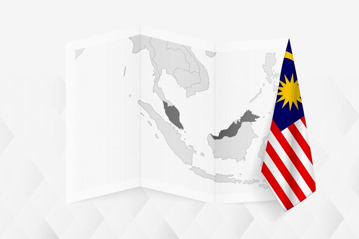 Vector a grayscale map of malaysia with a hanging malaysian flag on one side