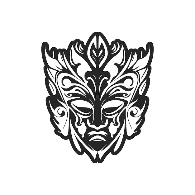 Grayscale vector drawing of a mask tattoo inspired by Polynesian art