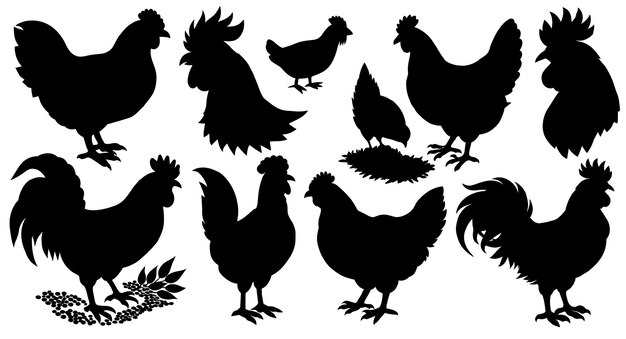 Vector grazing chicken that eats grain silhouette set linocut of farm hen or fowl suitable for agriculture