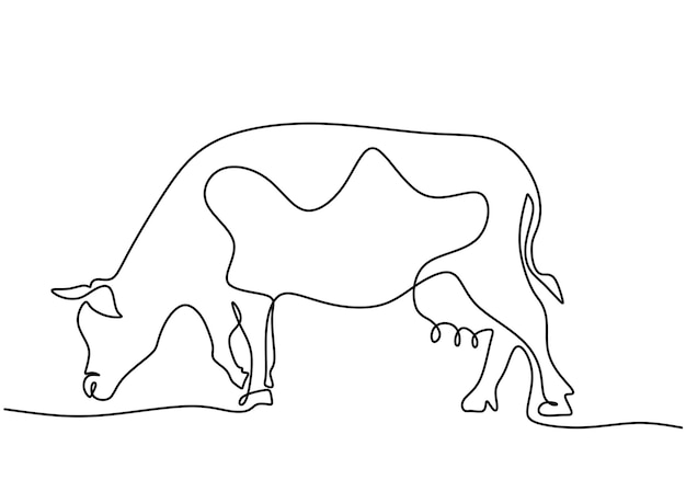 連続ライン アートの描画スタイルで放牧牛ファーム動物の概念