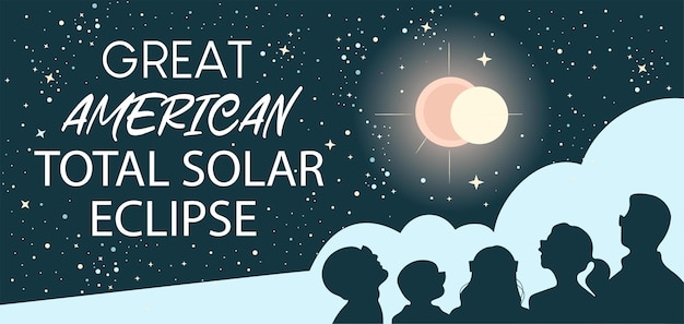 Vettore la bandiera della grande eclissi solare totale americana le persone con gli occhiali che guardano l'eclissi solare