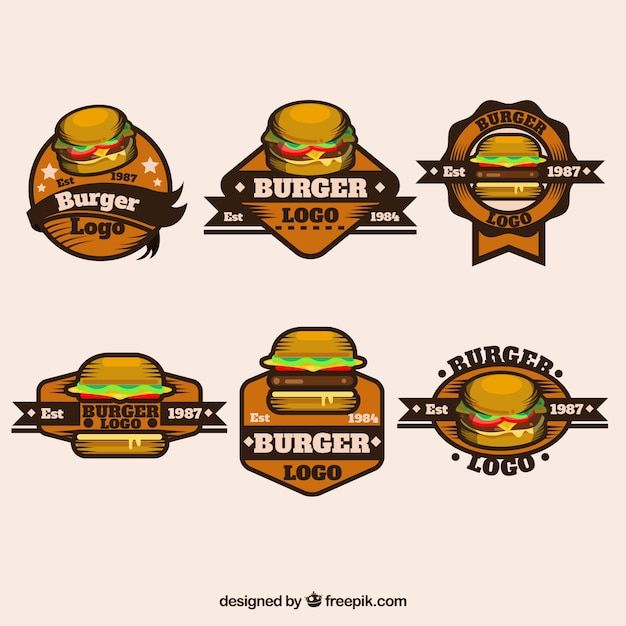Большой ассортимент ретро-логотипов с декоративными гамбургерами
