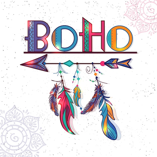 Great background with colored feathers in boho style