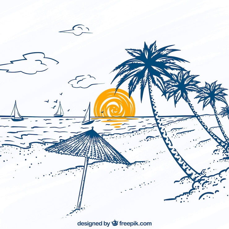 Vector great beach view with palm trees and sailboats