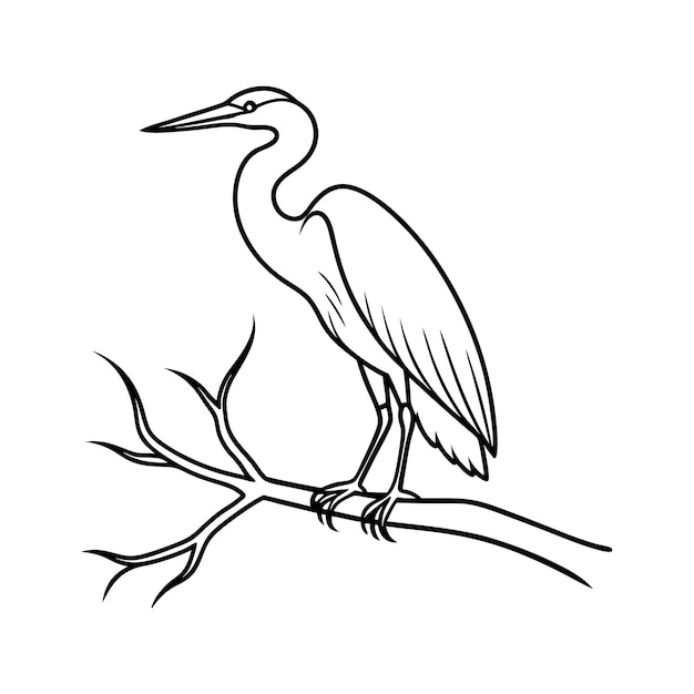 great blue heron bird sitting on tree vector line art illustration