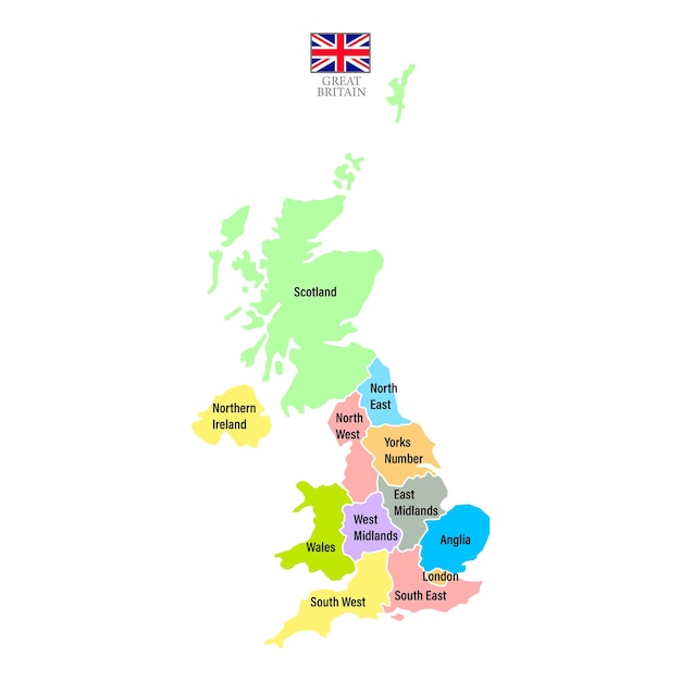 イギリスは、州とフラグの背景をマップしますイギリスの地図は、白い背景で隔離