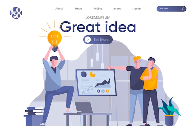 Pagina di destinazione ottima idea con intestazione. equipaggi la presentazione della nuova grande idea prima degli investitori, brainstorming della squadra startup nella scena dell'ufficio. illustrazione piatta situazione di coworking, lavoro di squadra e creatività.