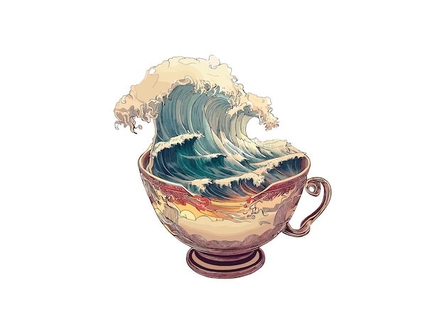 Vettore grande onda di kanagawa in una tazza di tè illustrazione vettoriale sublimazione