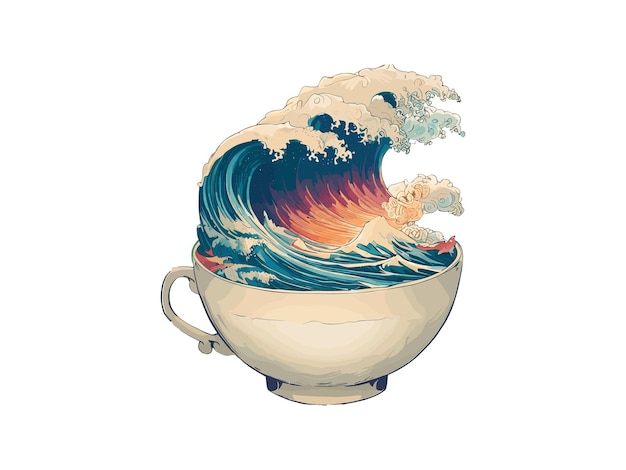 Vector great kanagawa wave in a cup of tea vector illustration sublimation