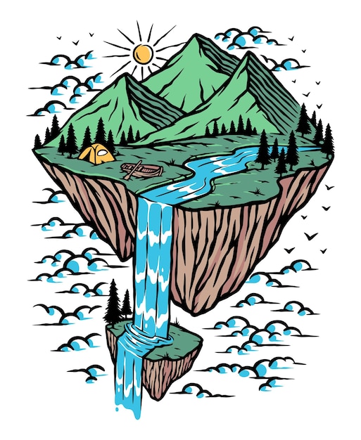 Vector great mountain view on the island illustration