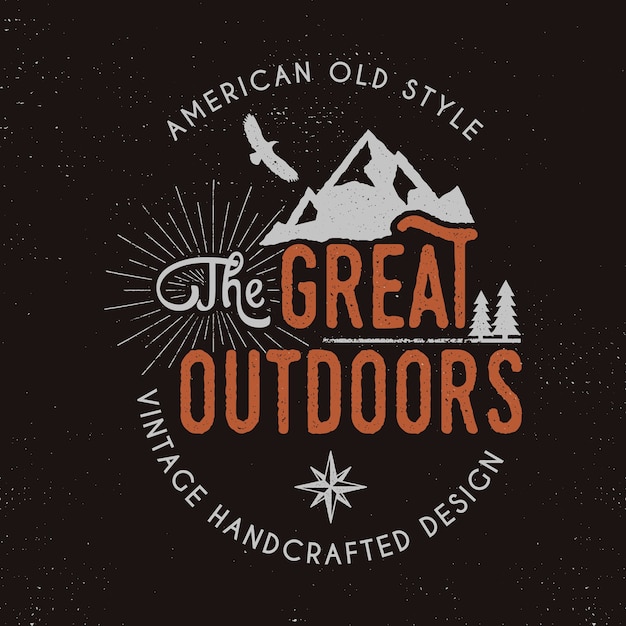 Vector great outdoors badge and outdoors activity insignia.