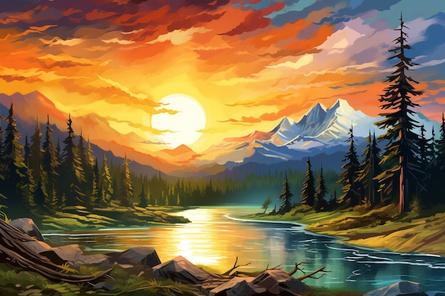 Vector great outdoors digital painting 4k landscape of nature with trees mountains clouds and river
