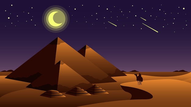 Vector the great pyramids of giza with moon