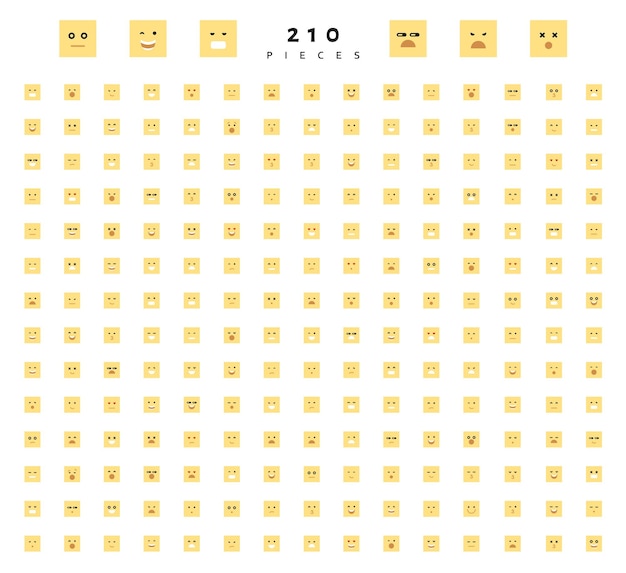 Вектор Большой набор из 210 цветных эмоций, изолированных на белом. симпатичные смайлики. гнев и сострадание. смех и слезы. улыбка и грусть, удивление. счастье и страх. эмоции для веб-разработки.