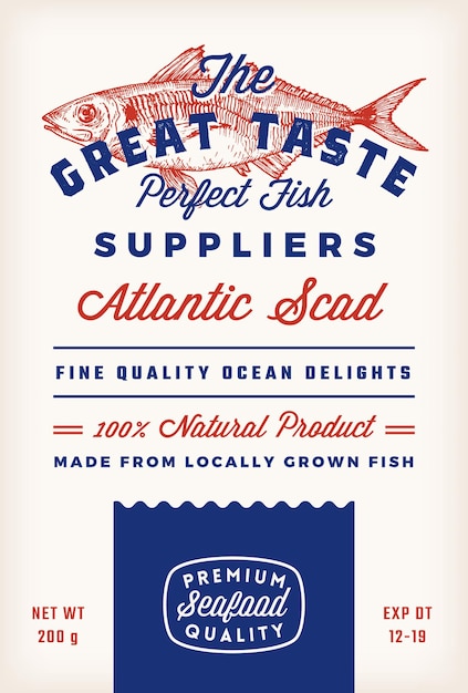 Vector great taste fish suppliers abstract vector rustic packaging label design retro typography and hand d...