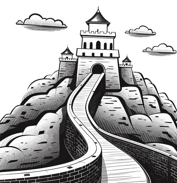 The great wall of china Black and white illustration of Great Wall of China