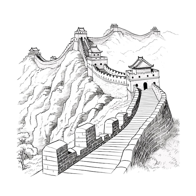 The great wall of china Black and white illustration of Great Wall of China