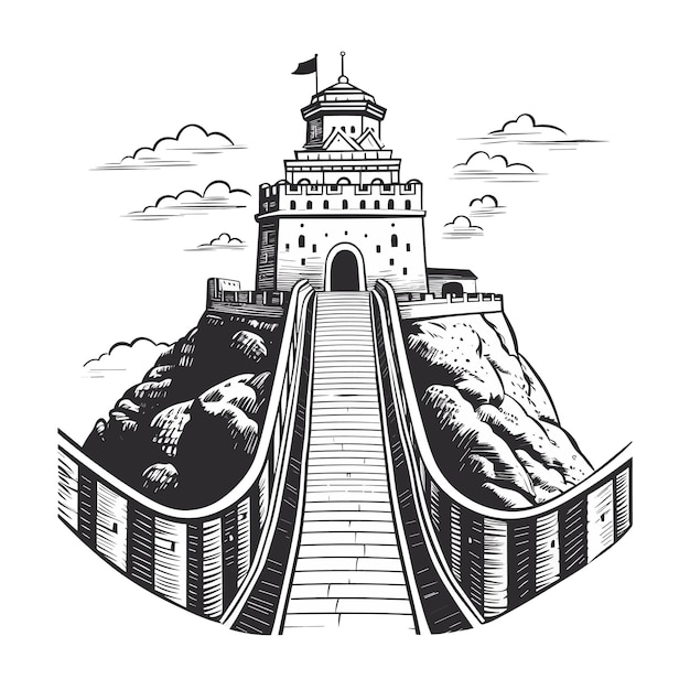 Premium Vector | The great wall of china black and white illustration