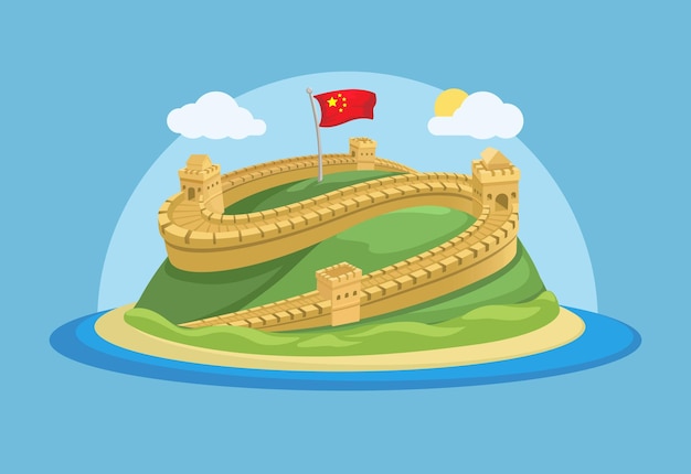 Great wall of china famous landmark cartoon illustration vector