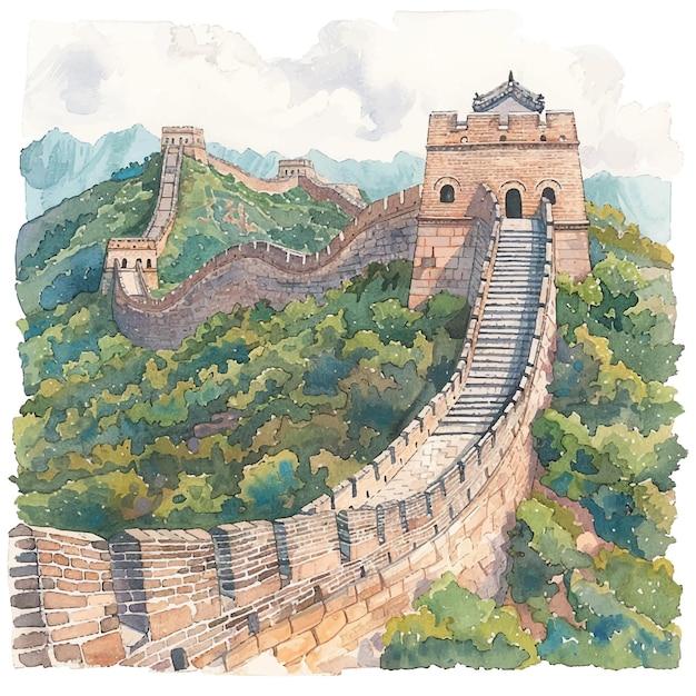 great wall of china lanscape vector illustration in watercolour style