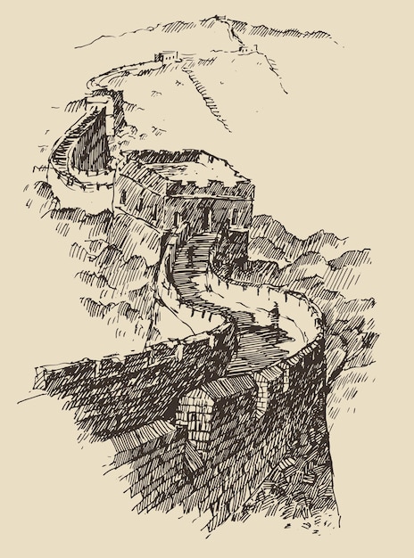 Vettore grande muraglia cinese, illustrazione vettoriale vintage incisa