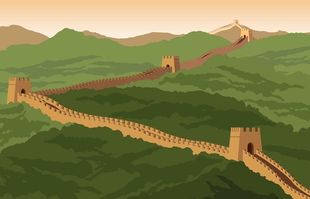 Great wallfamous landmark and heritage of the world and chinavintage colorvector illustration