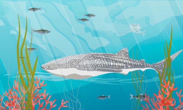 Vector the great whale shark rhincodon floats in the water surrounded by fish and algae