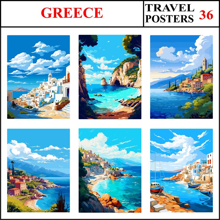 Vector greece astypalaia zakynthos ithaca travel poster wall art print collection set part 36