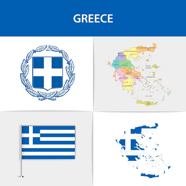 Vettore mappa e stemma della bandiera della grecia