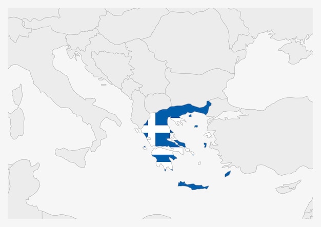 Vettore mappa della grecia evidenziata nei colori della bandiera della grecia mappa grigia con i paesi vicini