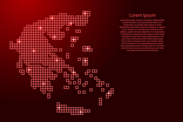 Greece map silhouette from red mosaic structure squares and glowing stars. Vector illustration.