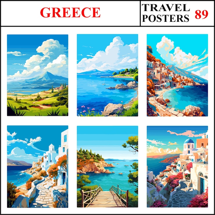 Vector greece mount dirfi meganisi island karpathos travel poster wall art print collection set part 89