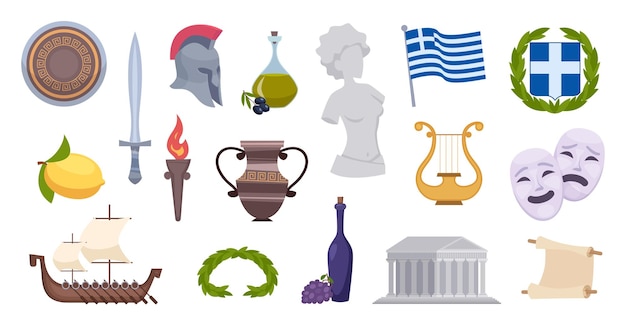 Vector greece objects traditional ancient old greek landmarks and symbols authentic flag wine ship olive pictures exact vector set for travellers