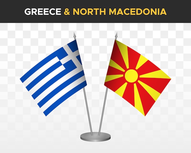 Greece vs north macedonia desk flags mockup isolated 3d vector illustration greek table flag