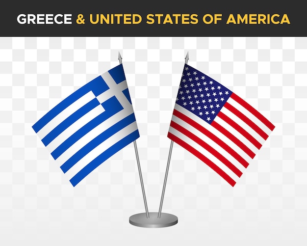 Greece vs USA united states america desk flags mockup 3d vector illustration greek table flag