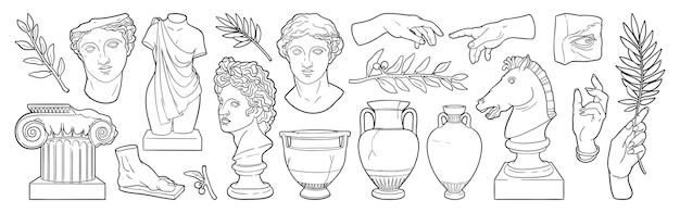 Вектор Греческая древняя скульптура набор векторных ручных иллюстраций классических статуй в современном стиле