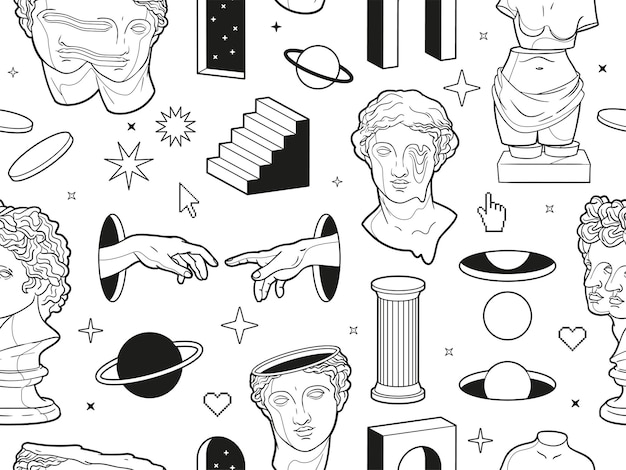 Greek ancient statues and surreal elements in trendy psychedelic style seamless vector pattern
