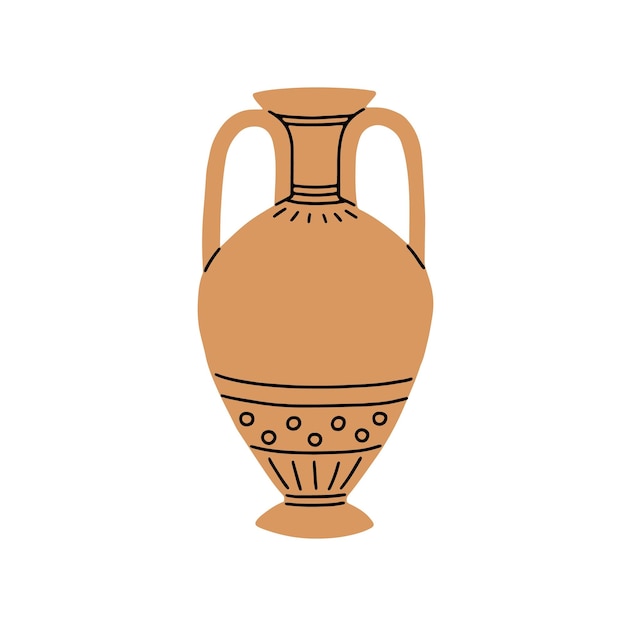 Greek ceramic amphora. Antique clay wine vase of Ancient Greece. Old historical vessel. Classic earthenware crockery, pottery of antiquity. Flat vector illustration isolated on white background.