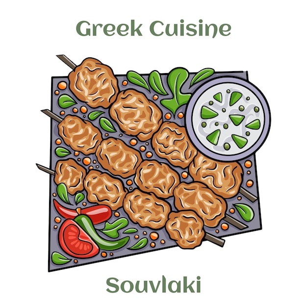 Vector greek chicken souvlaki with tzatziki sauce and fresh vegetables grilled kebabs isolated vector illustration