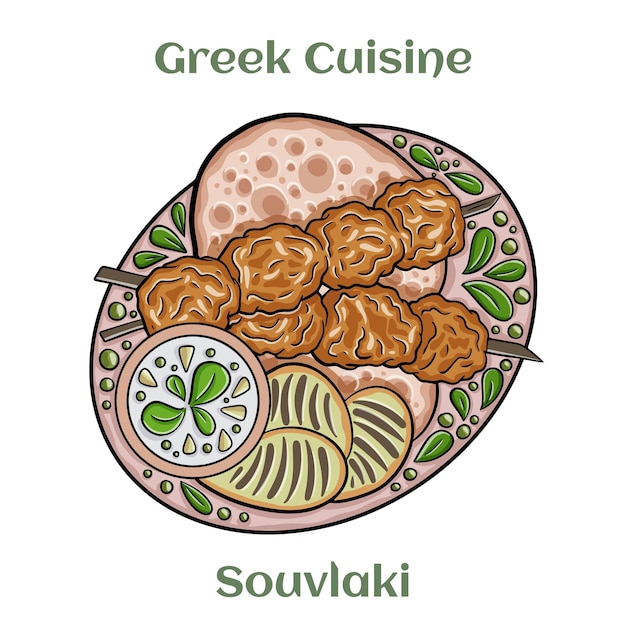 Vettore souvlaki di pollo greco con salsa tzatziki e spiedini grigliati di verdure fresche illustrazione vettoriale isolata