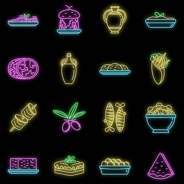 Greek cuisine food icons set outline set of greek cuisine food vector icons neon color on black