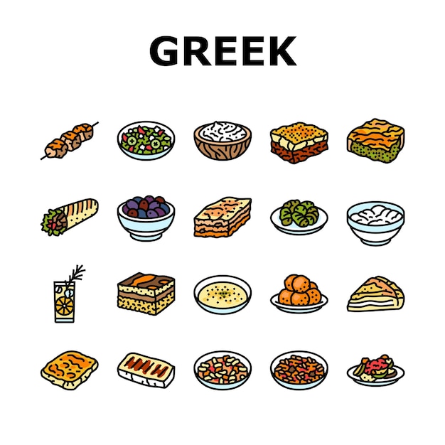 Greek cuisine food lunch icons set vector