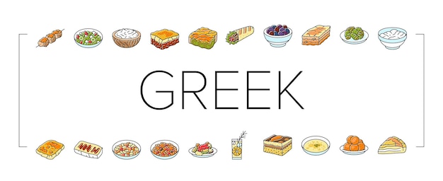 Vector greek cuisine food lunch icons set vector