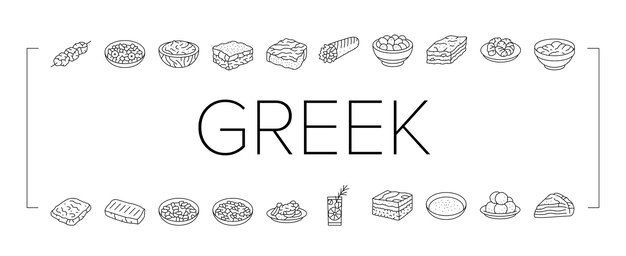 Vector greek cuisine food lunch icons set vector