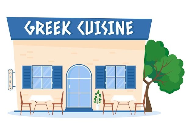 Greek cuisine restaurant set menu delicious dishes traditional or national food in flat illustration