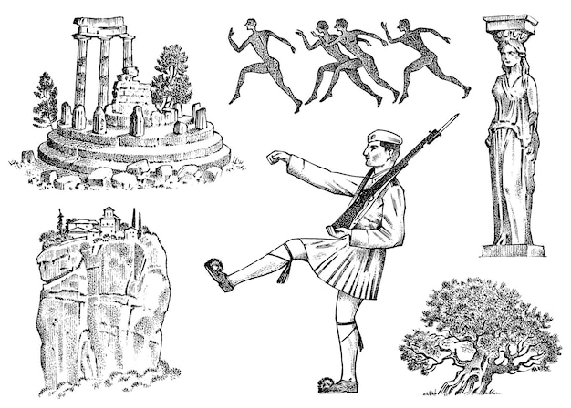 Vettore cultura greca insieme di simboli nazionali rovine e roccia militare e statua in una colonna maratoneti e un albero schizzo inciso disegnato a mano in stile vintage