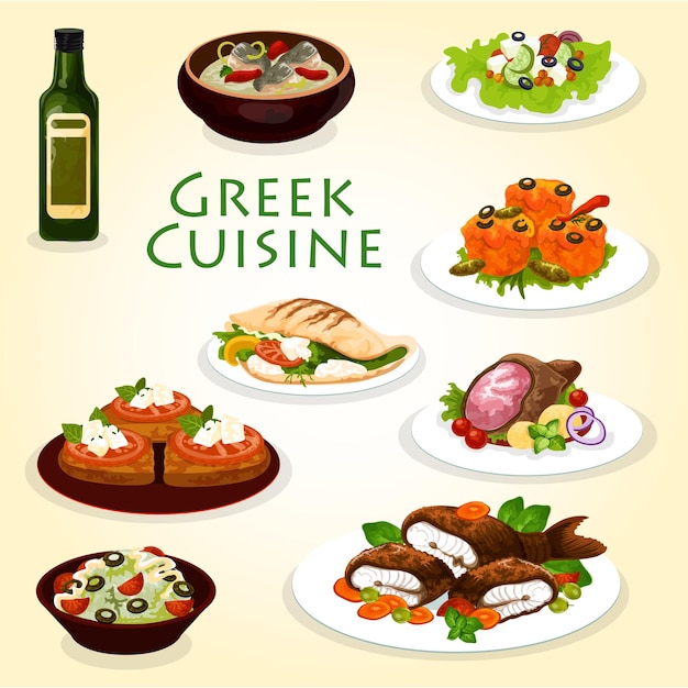 Vector greek dinner icon with mediterranean cuisine food