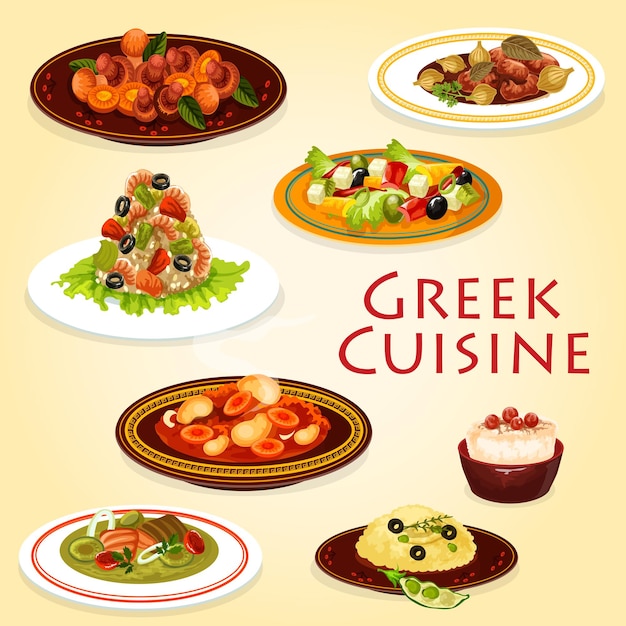 Greek food dishes with meat cheese and seafood